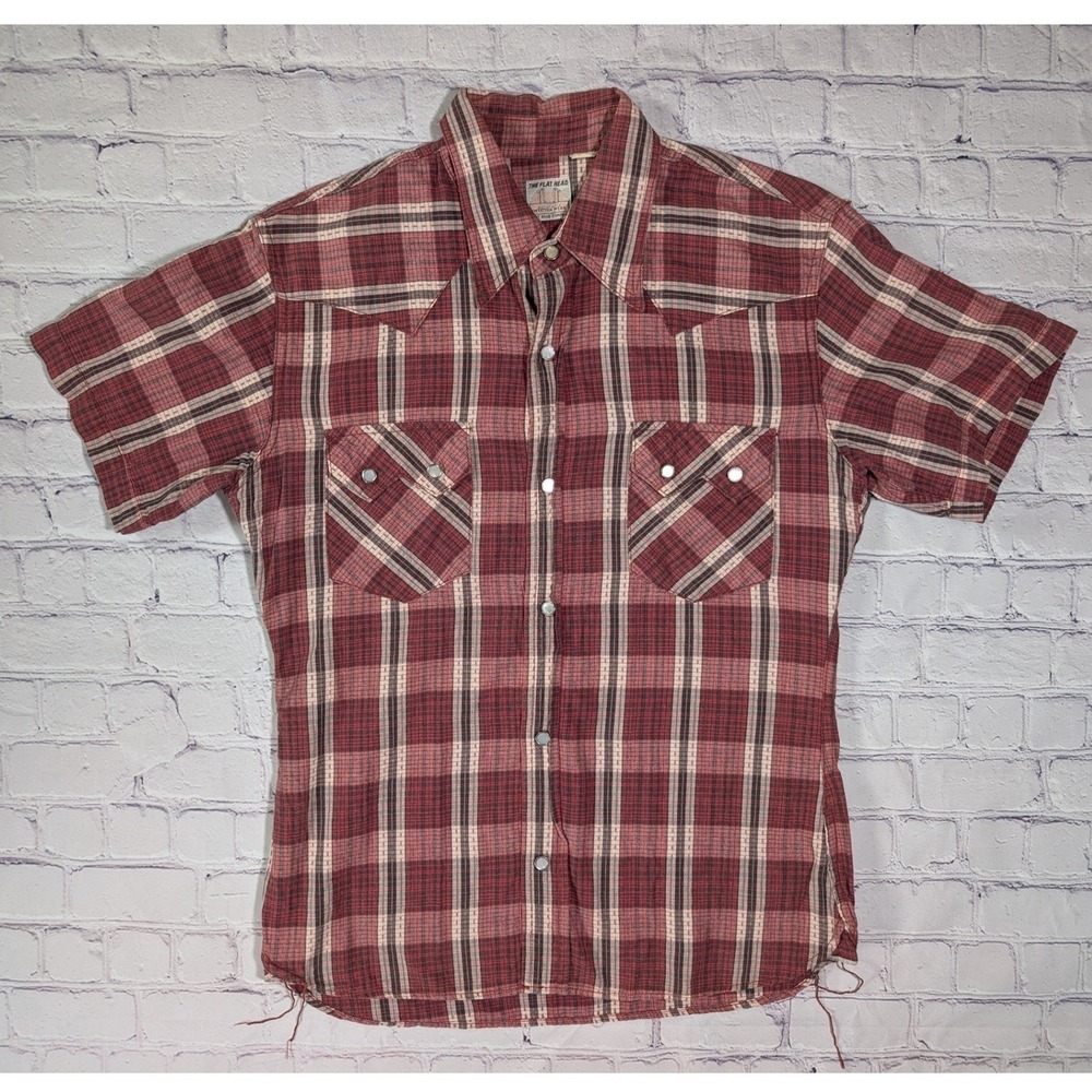 The Flat Head CW-42H Western Shirt Mens 38 Cotton Red Plaid Pearl Snap Japan